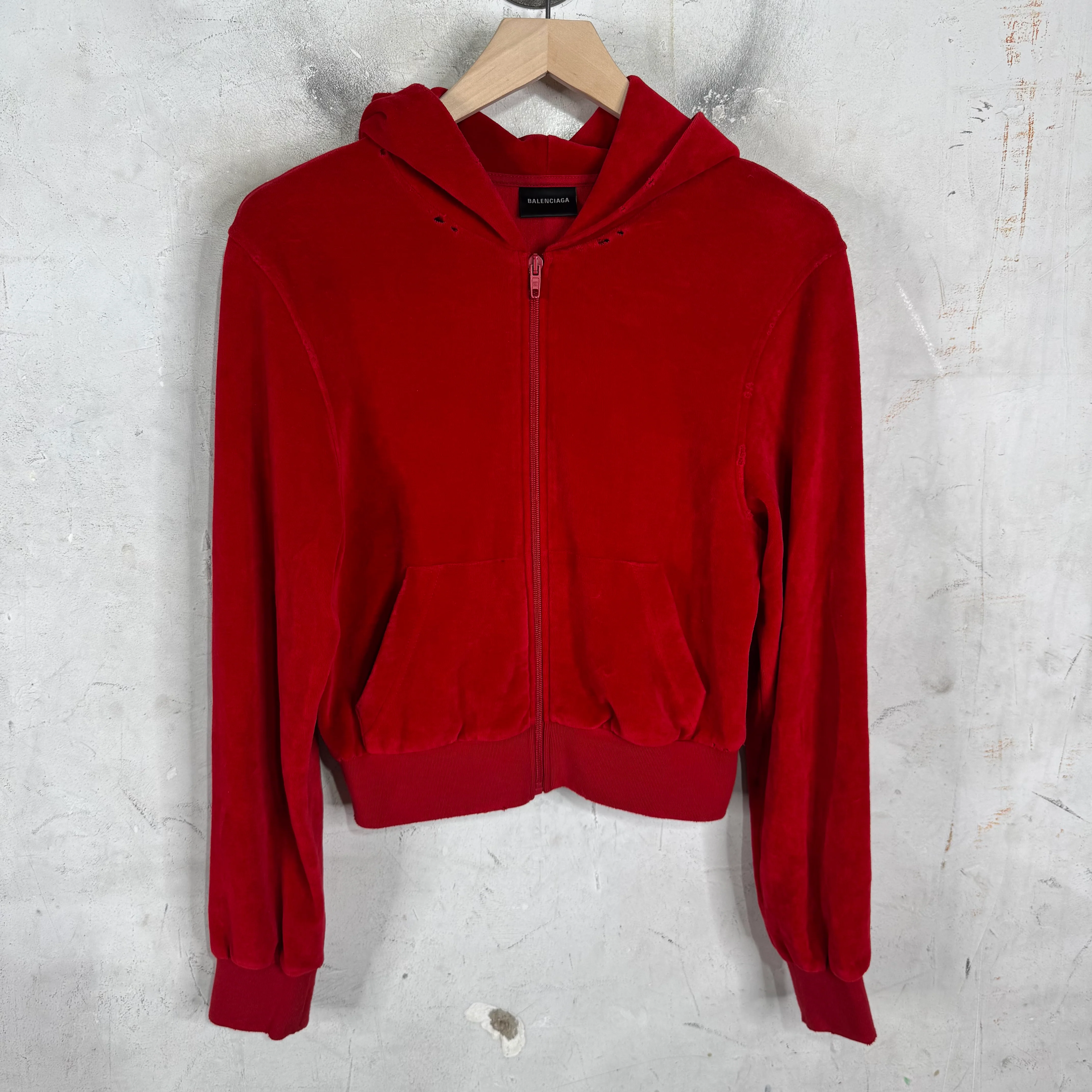 Balenciaga Rhinestoned Distressed Velvet Zip Up Hoodie