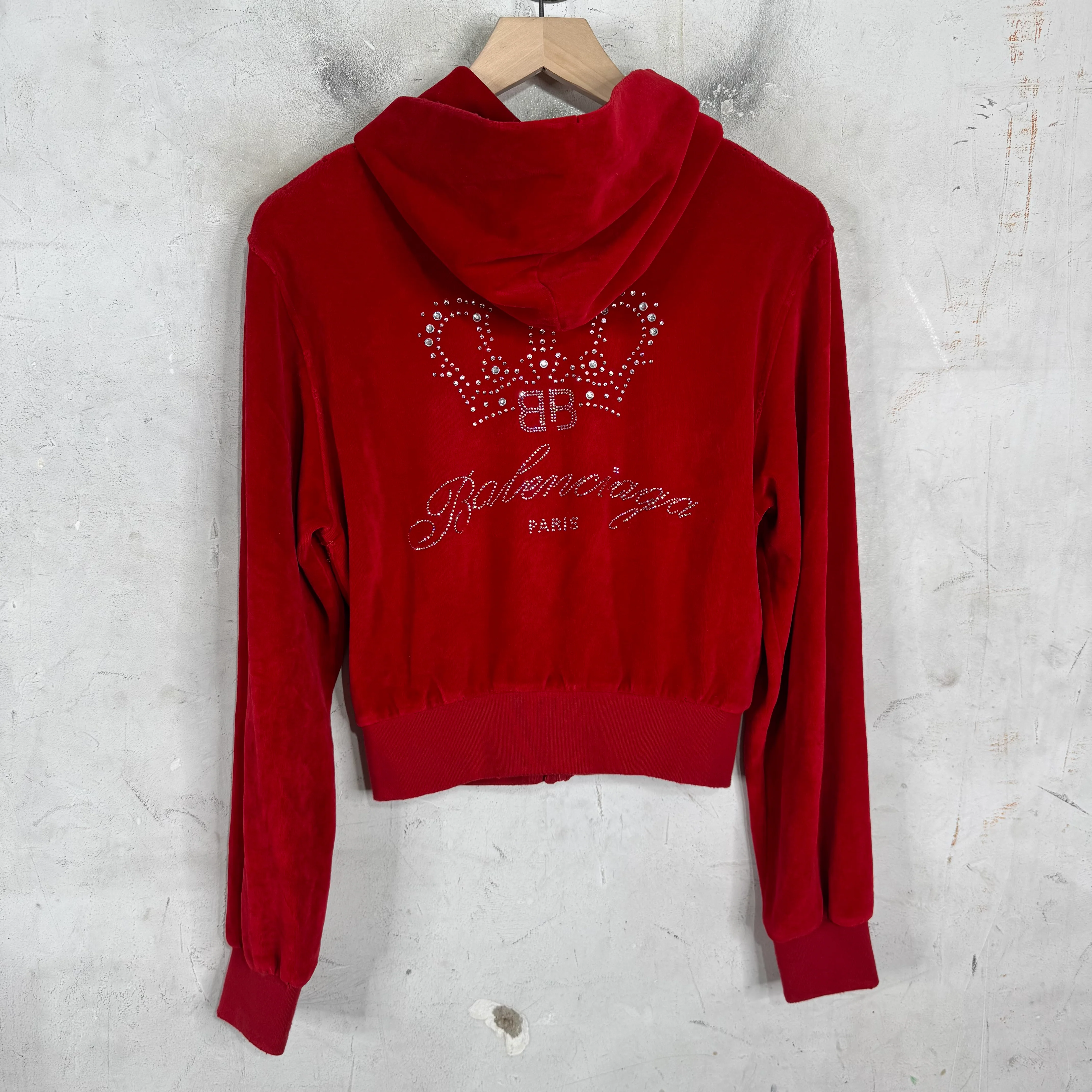 Balenciaga Rhinestoned Distressed Velvet Zip Up Hoodie - Image 2