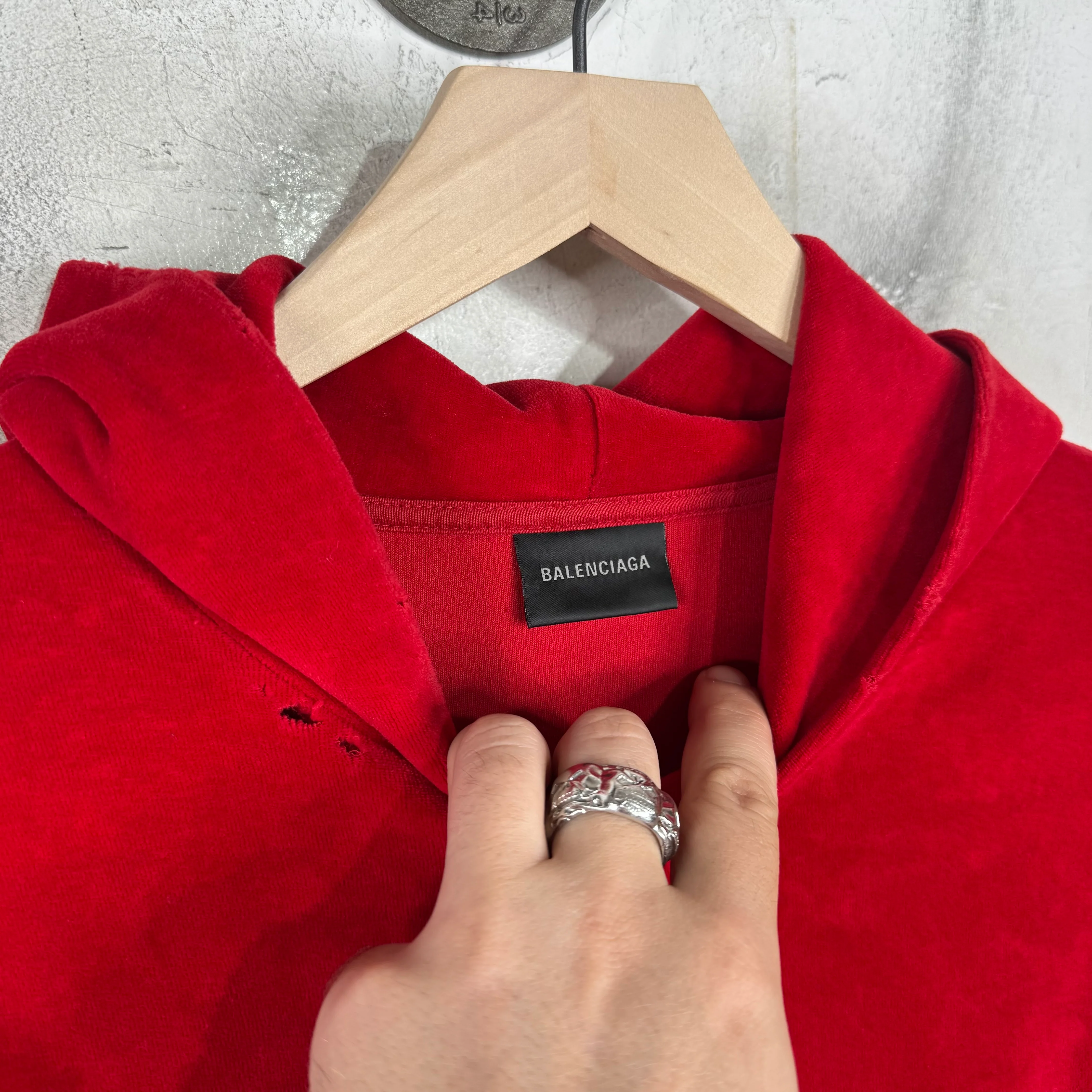 Balenciaga Rhinestoned Distressed Velvet Zip Up Hoodie - Image 3