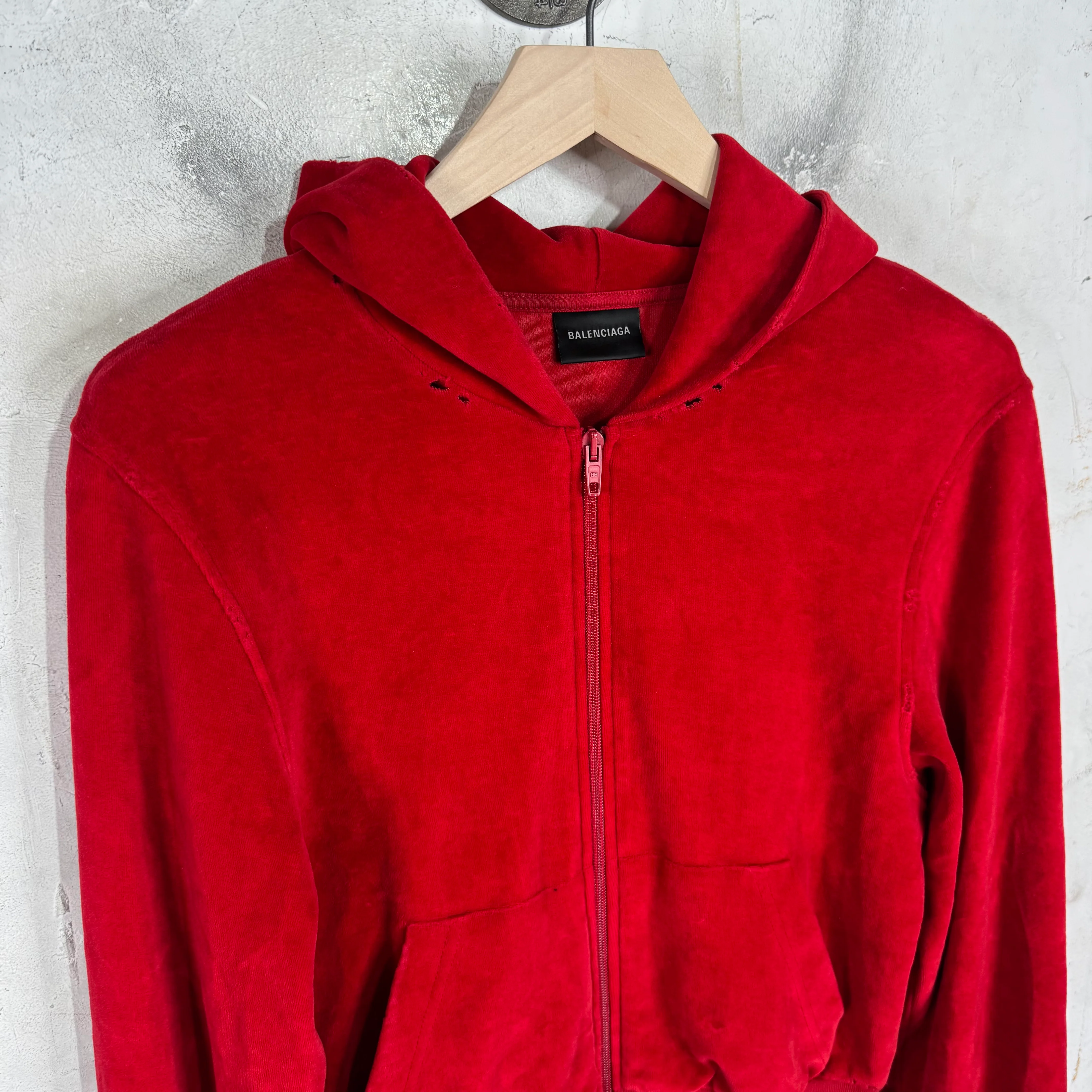 Balenciaga Rhinestoned Distressed Velvet Zip Up Hoodie - Image 4