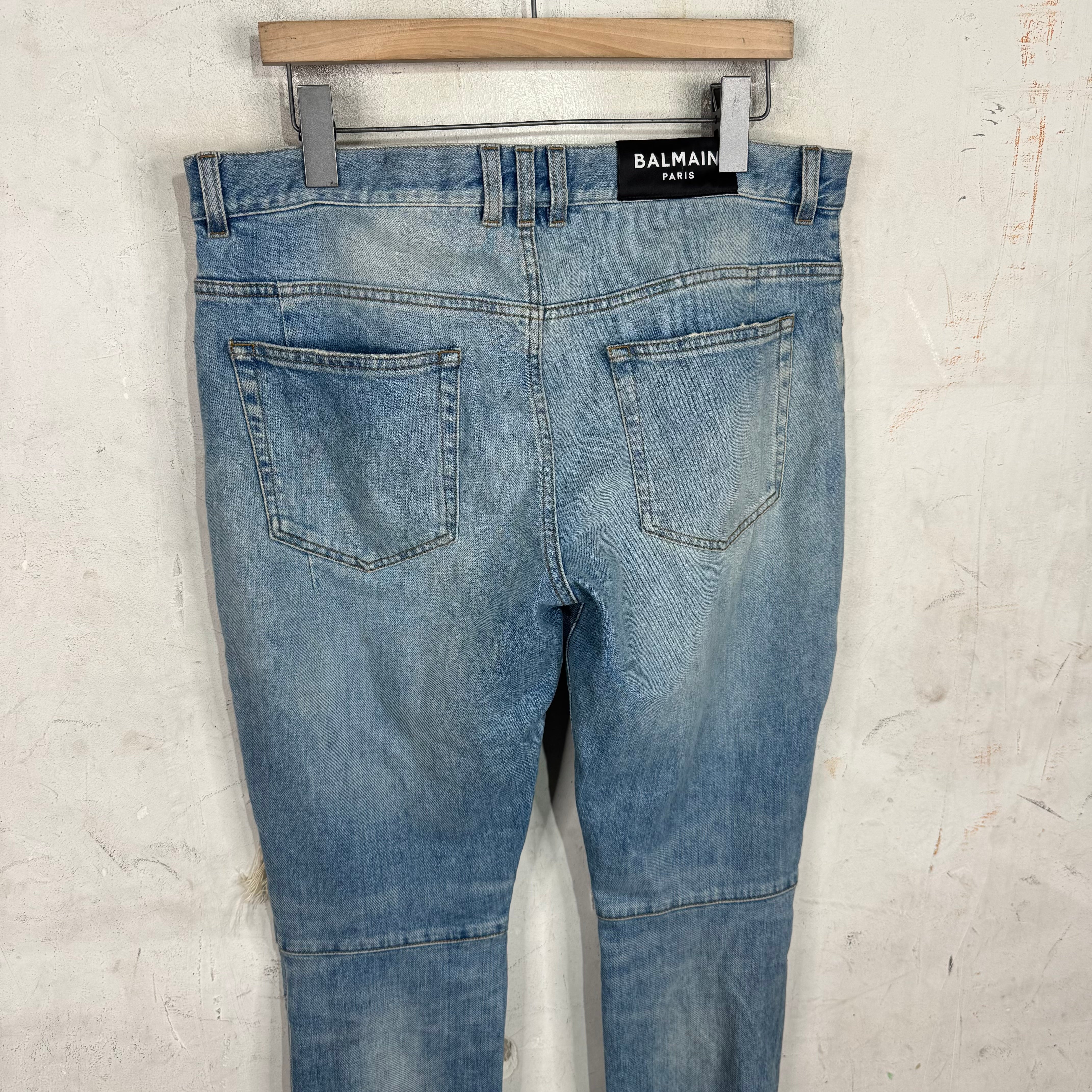 Balmain Lightwash Leather Patched Biker Jeans - Image 10