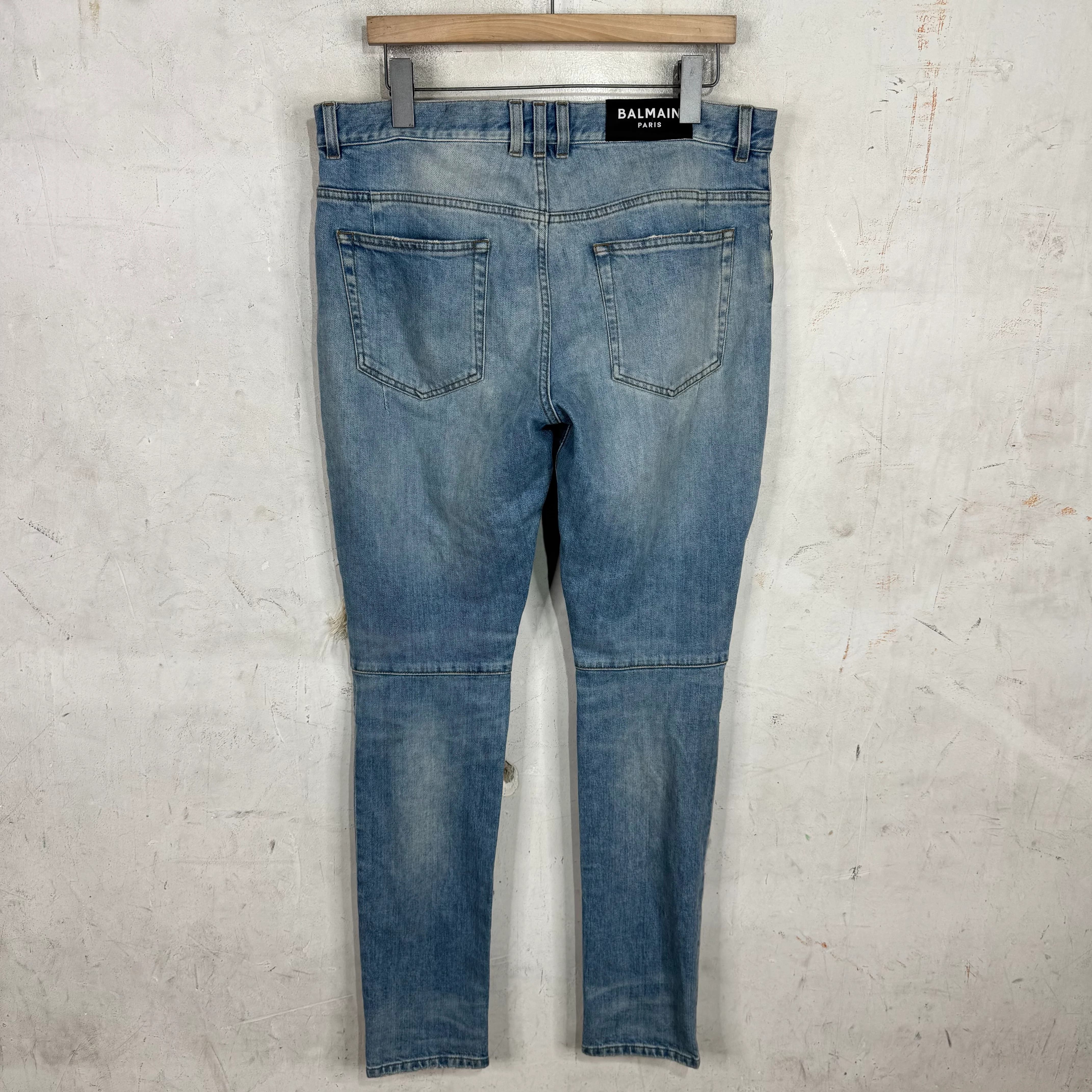 Balmain Lightwash Leather Patched Biker Jeans - Image 2