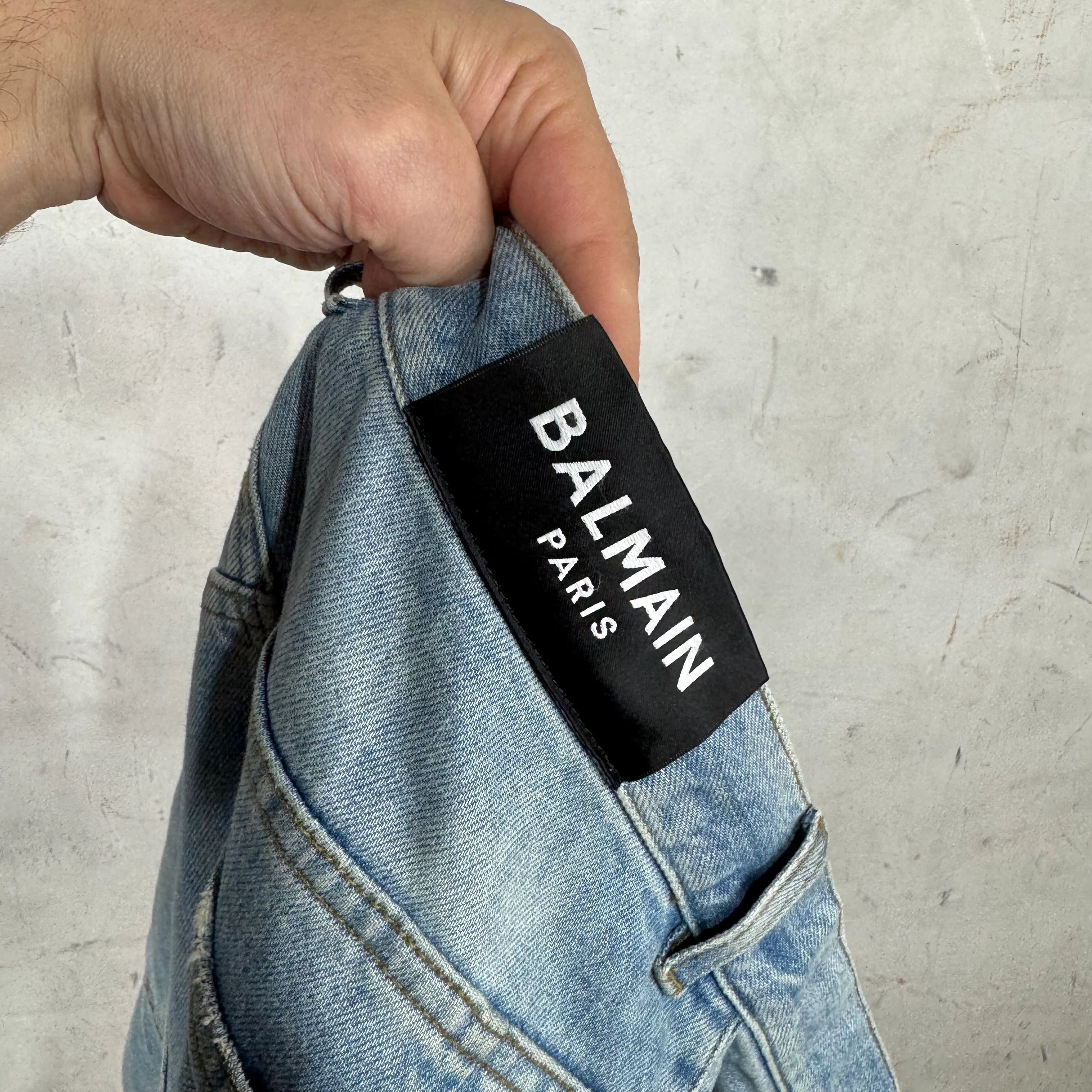 Balmain Lightwash Leather Patched Biker Jeans - Image 4