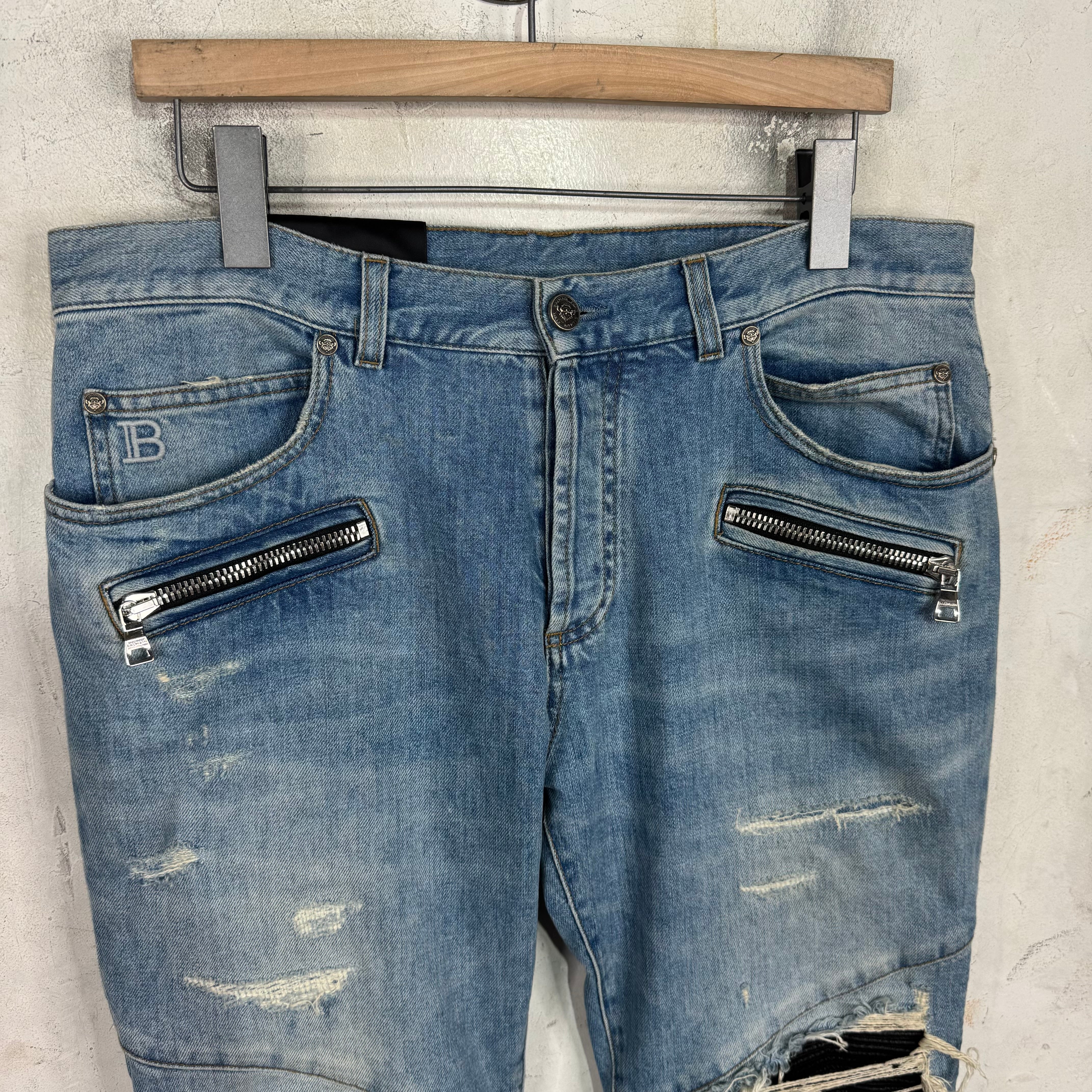Balmain Lightwash Leather Patched Biker Jeans - Image 5