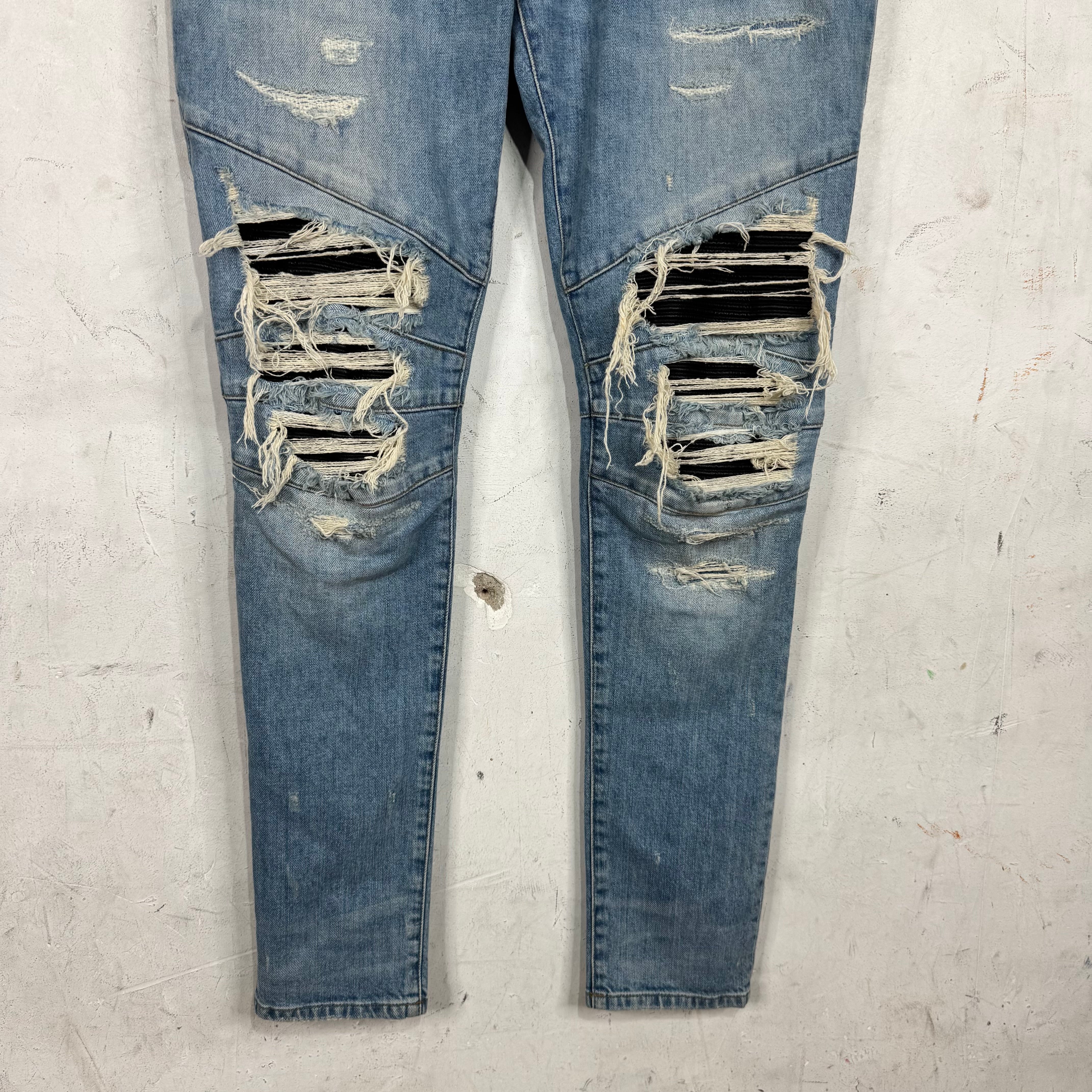 Balmain Lightwash Leather Patched Biker Jeans - Image 7