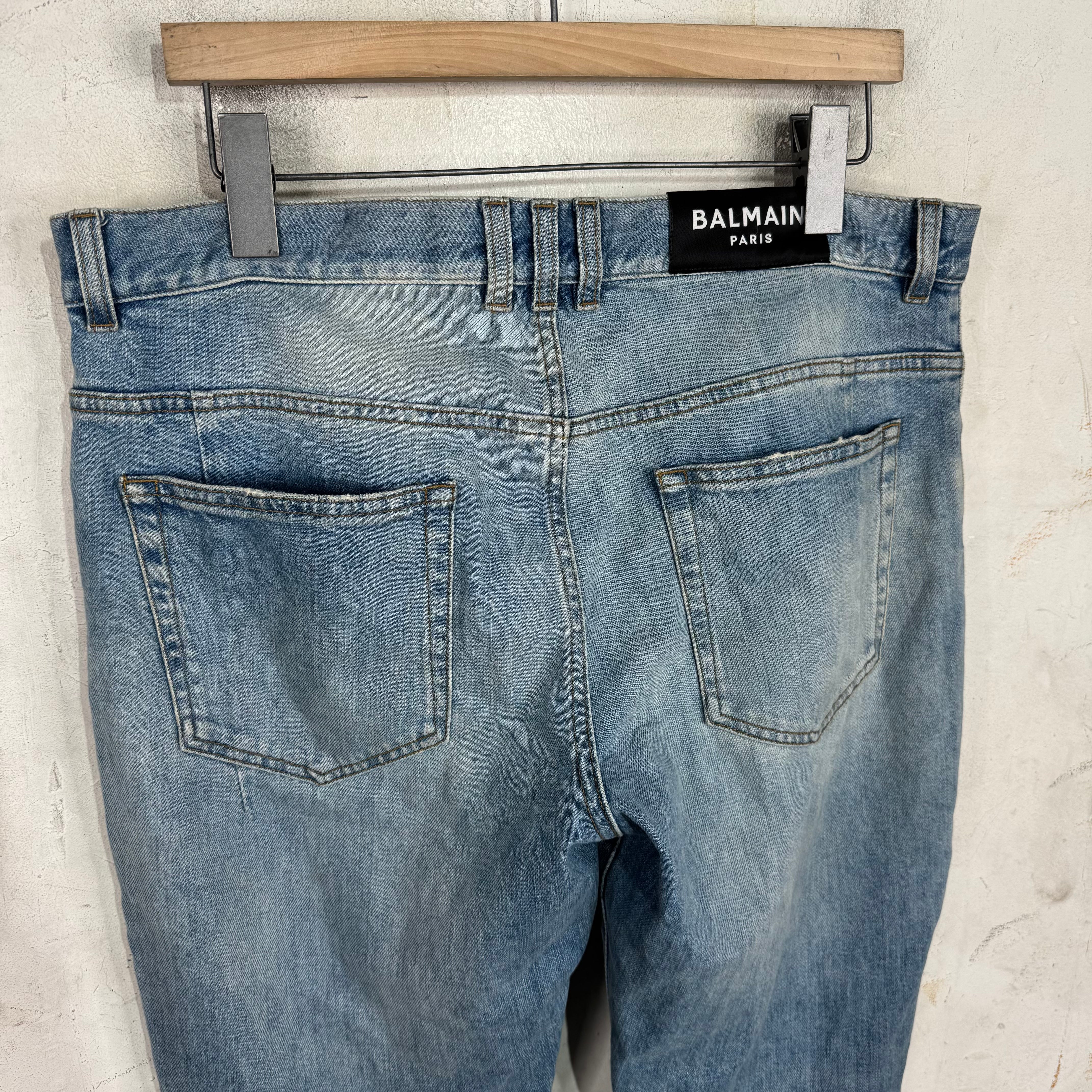Balmain Lightwash Leather Patched Biker Jeans - Image 9
