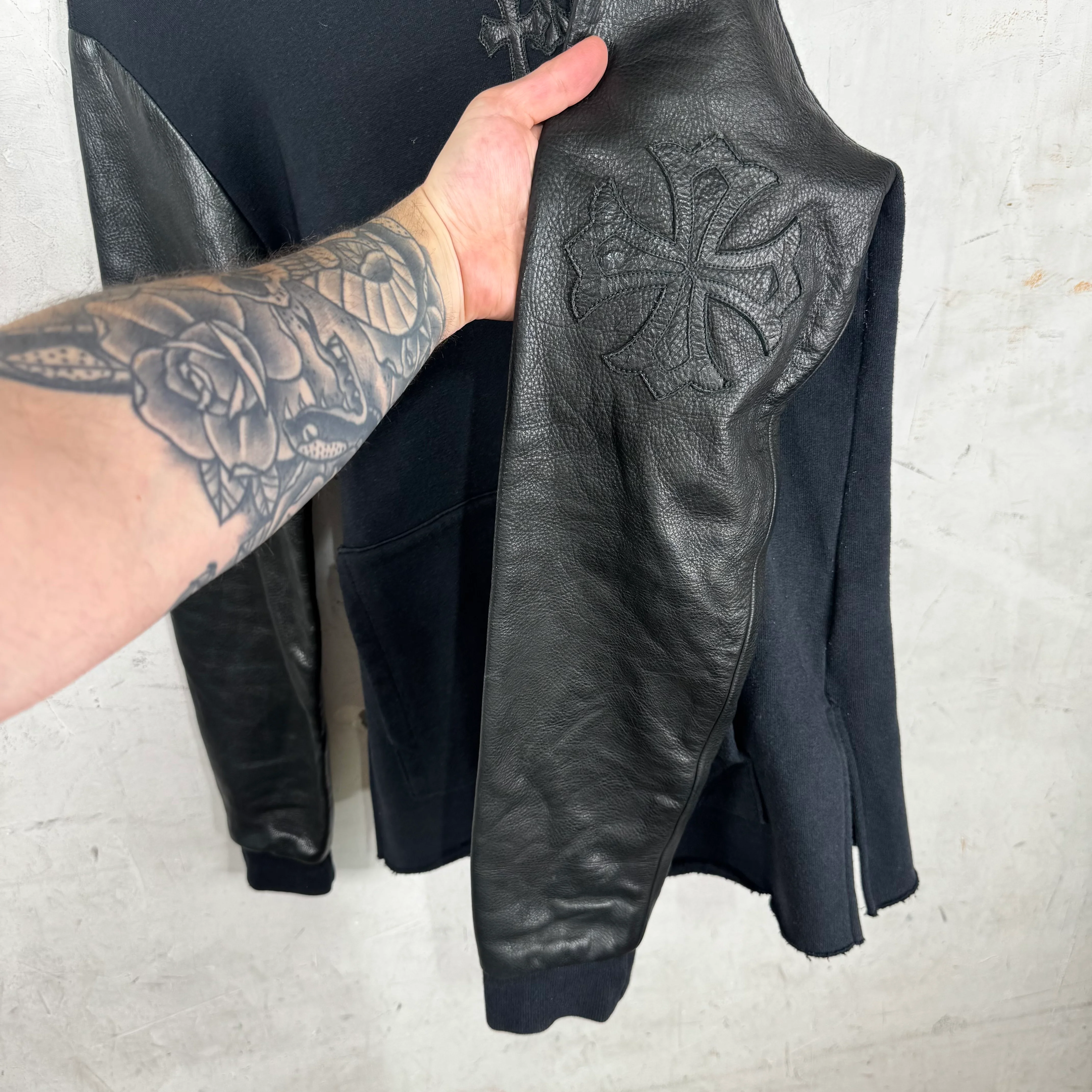 Chrome Hearts Triple Cross Leather Sleeved Crewneck - Image 13