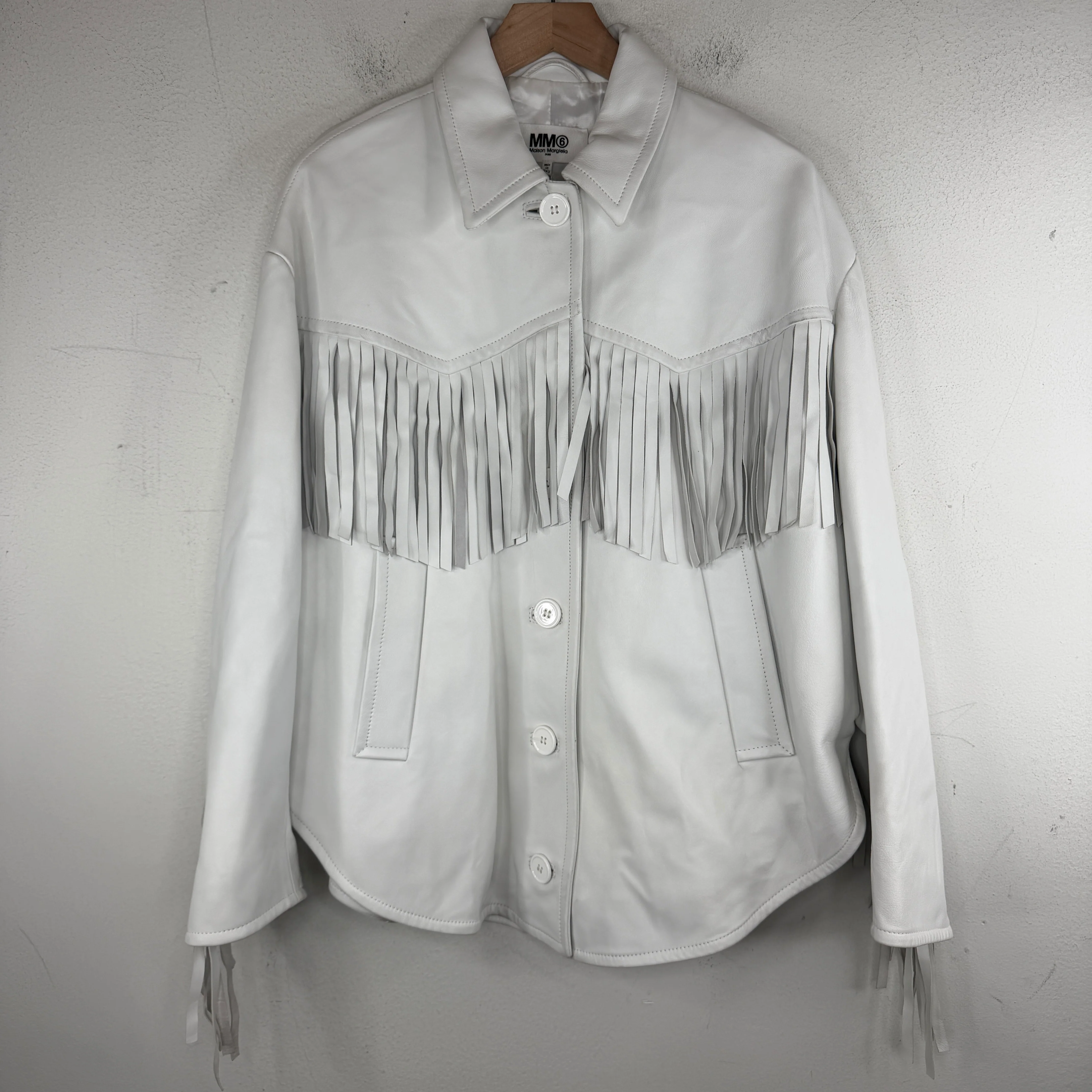 Margiela MM6 White Leather Fringed Button Up Jacket
