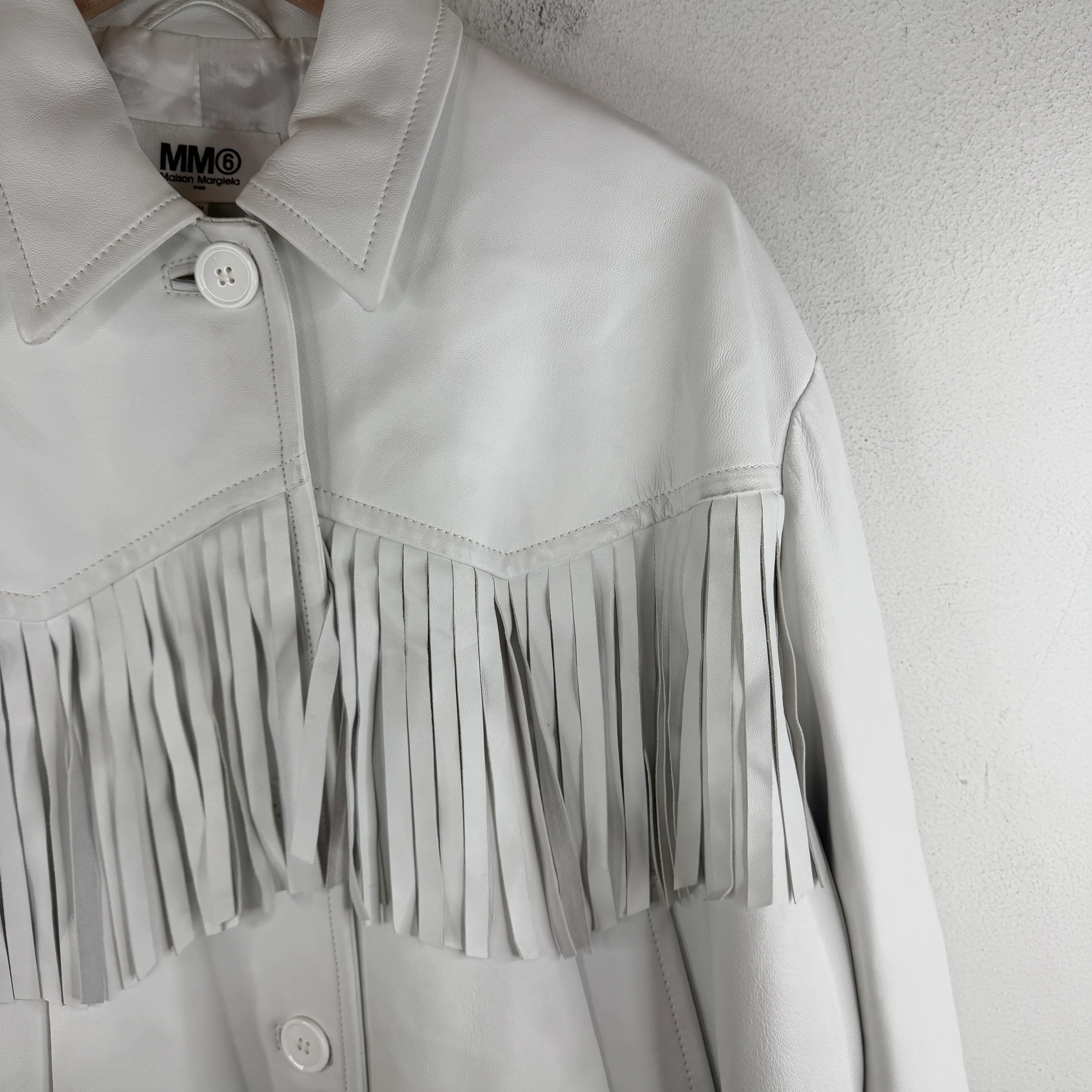 Margiela MM6 White Leather Fringed Button Up Jacket - Image 8