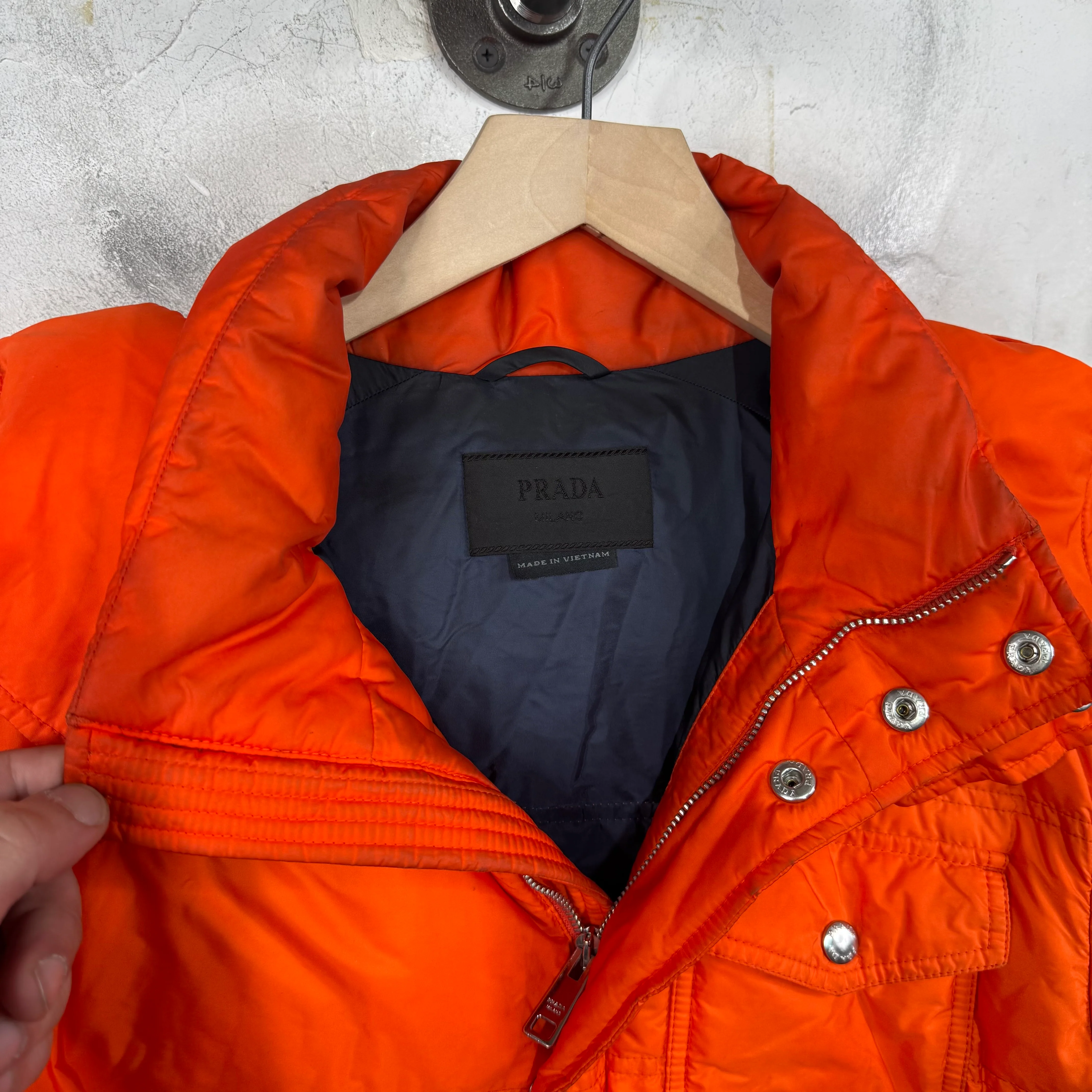 Prada Orange Plaqued Puffer Jacket - Image 3