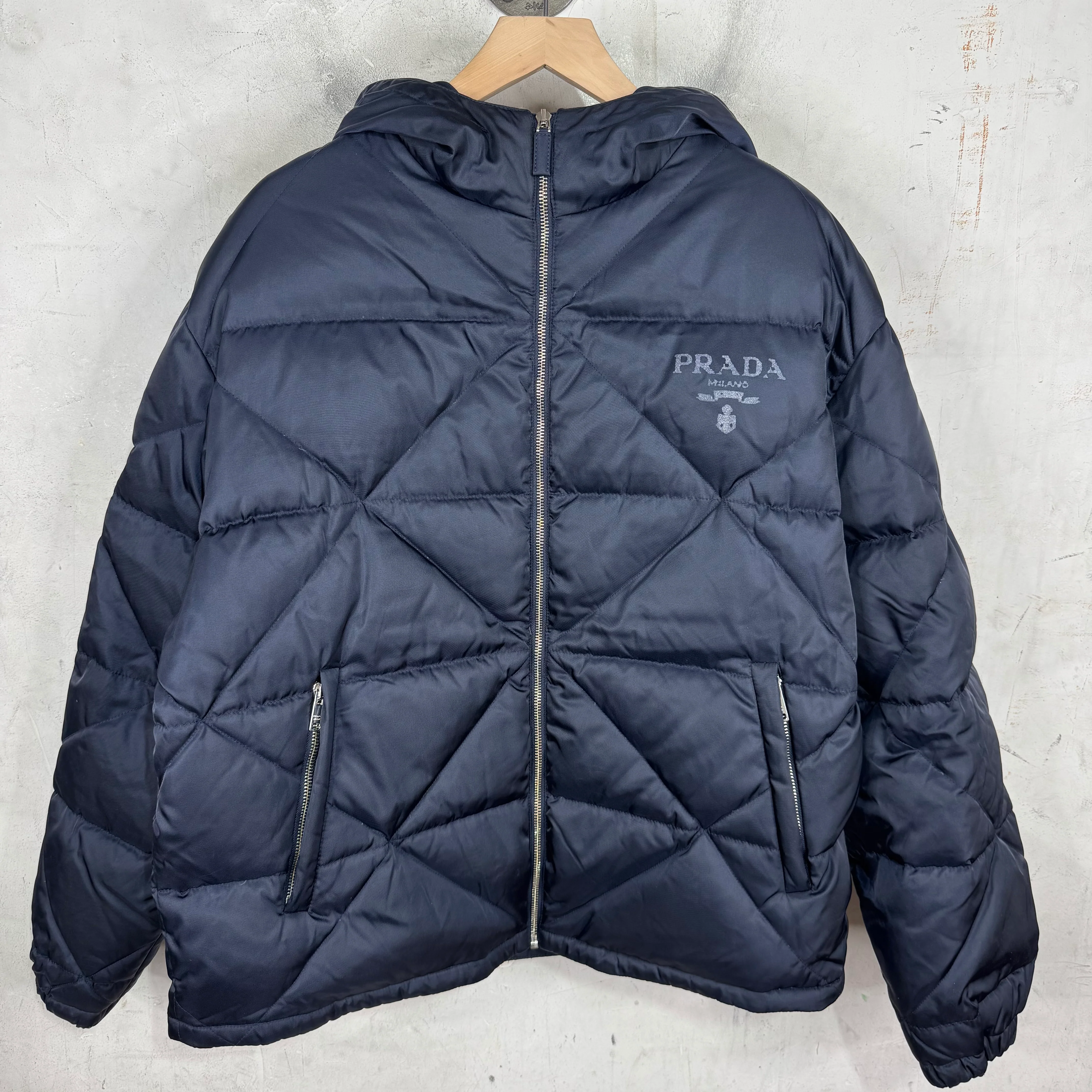 Prada Quilted Distressed Logo Puffer Jacket
