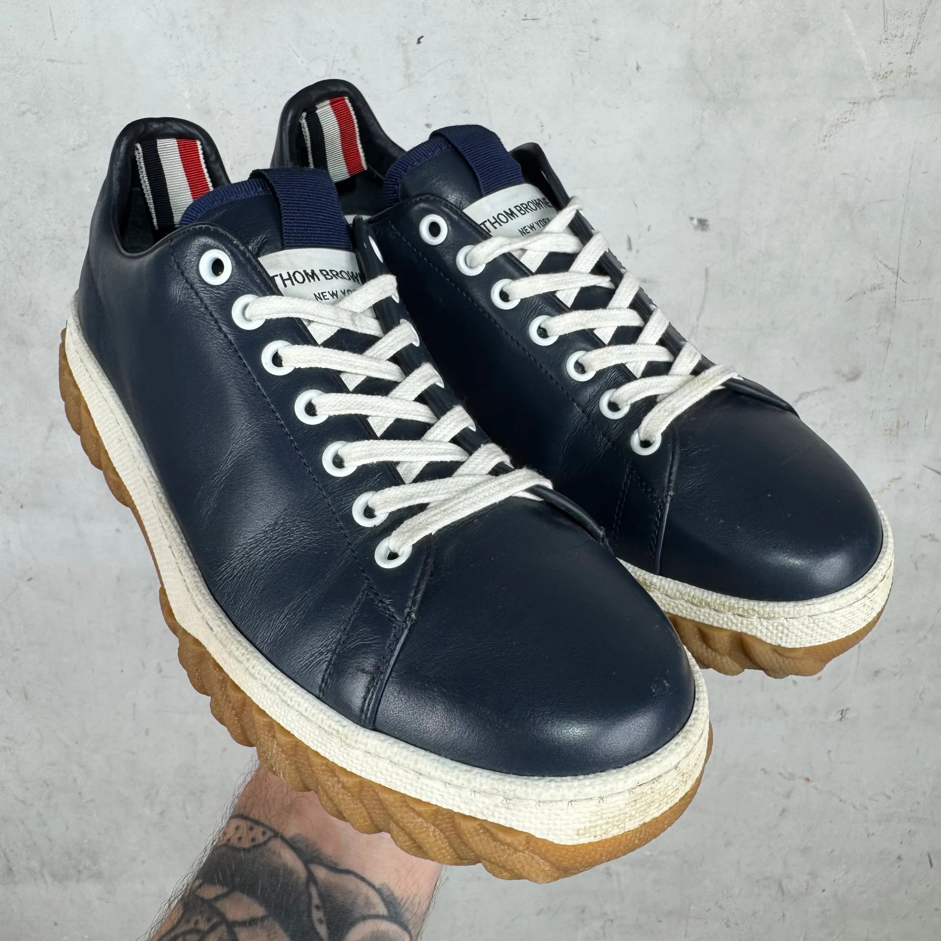 Thom Browne Navy Leather Vitello Sneakers